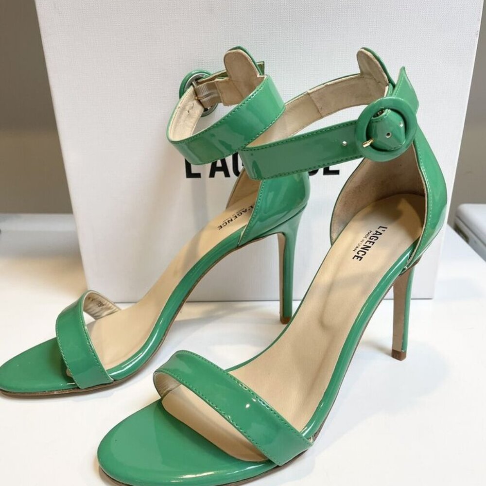 L'AGENCE Rosette Heel Sandals Patent Leather Green Stiletto US 9.5 New